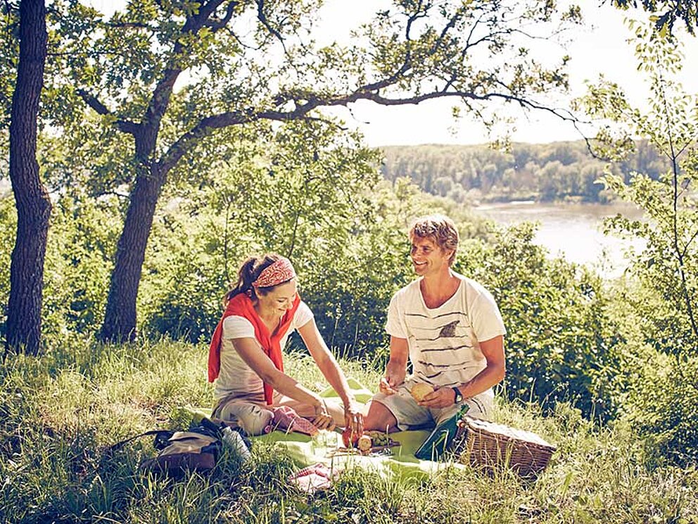 zwei Menschen machen Picknick am Donau-Ufer in Wachau